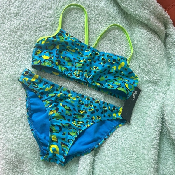 Speedo Neon Green Blue Leopard Print Bikini Set - Picture 1 of 8